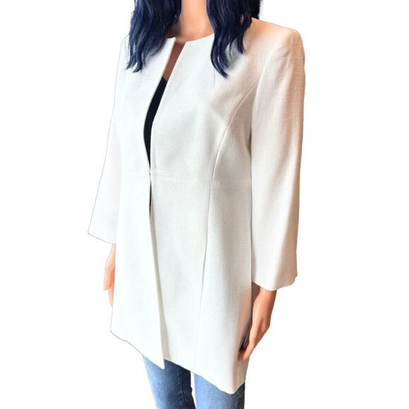 NWT Le Suit Ivory Jacquard Long Collarless Blazer Dress Jacket - Picture 3 of 7